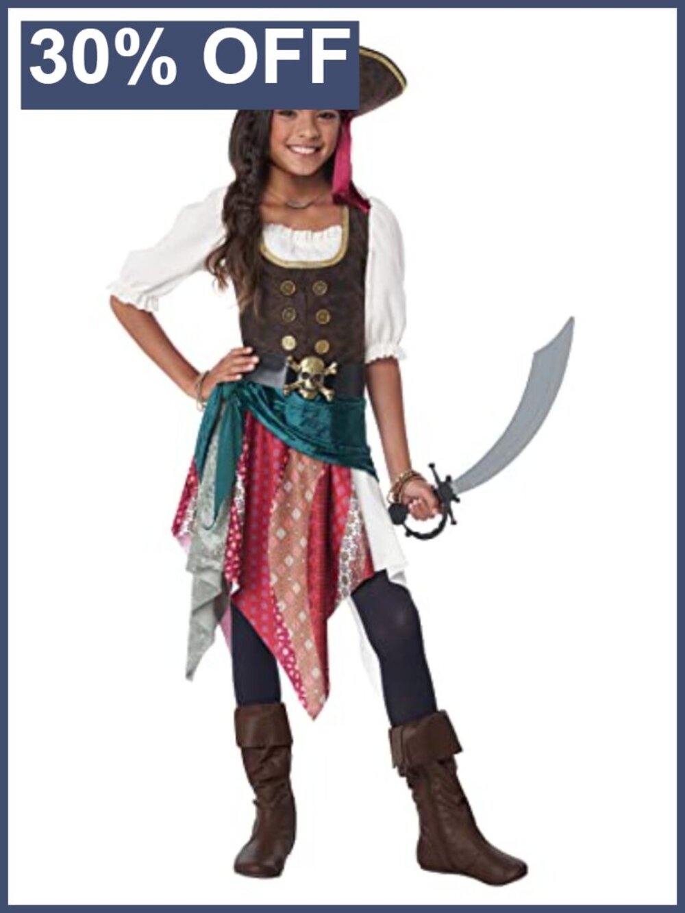 Child Boho Pirate Costume 5-Piece Set Dress Hat Belt Sash Halloween